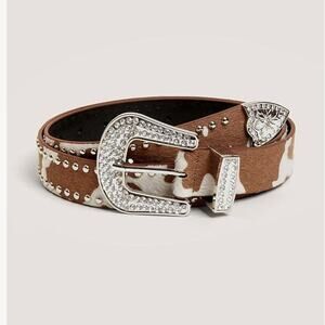 Brown Cow Pattern Rhinestone And Studded Silver Tone Hardware Belt